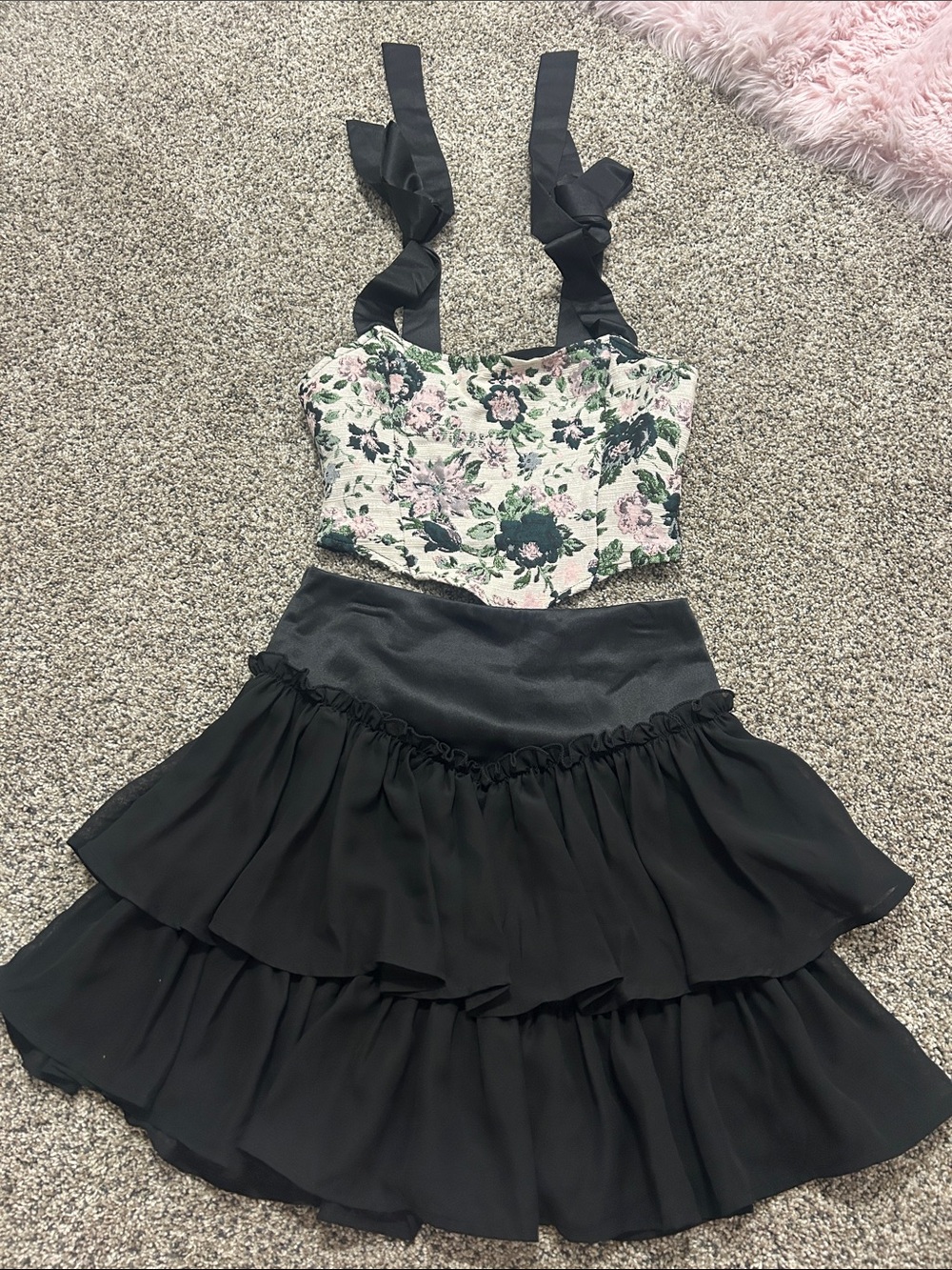 SHEIN Black Ruffle Skirt Set with Floral Bustier